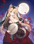  animal_ears blonde_hair braid breasts cat_ears cleavage drum drumsticks flower full_moon green_eyes hair_ornament hair_over_shoulder instrument korean_clothes large_breasts long_hair looking_at_viewer moon night parted_lips petals smile solo spider_lily sword_girls twin_braids twintails veil very_long_hair whoisshe 