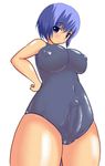  blue_hair breasts cameltoe from_below futanari hand_on_hip highres impossible_clothes impossible_swimsuit large_breasts penis school_swimsuit short_hair solo swimsuit 