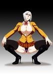  1girl breasts glasses heels high_heels huge_breasts jackets lime_(purple_haze) nipples panties prison_school shiraki_meiko skirt squatting thighhighs thong underwear 