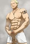  1boy abs artist_name blonde_hair blue_eyes blush hydaria male_focus muscle nude pecs penis persona persona_4 scar solo tagme tatsumi_kanji tattoo testicles towel 