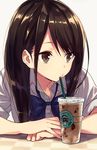  banned_artist bow brand_name_imitation brown_eyes brown_hair drink drinking drinking_straw long_hair school_uniform solo starbucks suisen 