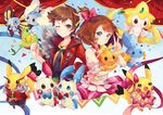  1girl beautifly blue_eyes bow brown_eyes brown_hair clenched_hand confetti cosplay_pikachu cowboy_shot creature gen_1_pokemon gen_3_pokemon hair_bow haruka_(pokemon) jacket jirachi legendary_pokemon minun mudkip one_eye_closed pikachu pink_bow pink_skirt plusle pokemon pokemon_(creature) pokemon_(game) pokemon_oras ribbon shirt short_hair skirt smile stephanie_lee swablu torchic treecko v yuuki_(pokemon) 