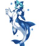  anthro cetacean dragon hybrid looking_at_viewer male mammal marine nude orca sakamata simple_background solo taur teal_eyes teal_hair whale white_background 
