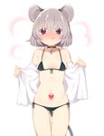  akagashi_hagane animal_ears bare_shoulders blush bra breath choker full-face_blush gem grey_hair heart heart-shaped_pupils heart_tattoo looking_at_viewer midriff mouse_ears mouse_tail navel nazrin off_shoulder open_clothes open_shirt panties red_eyes shirt short_hair simple_background smile solo sweat symbol-shaped_pupils tail tattoo tongue tongue_out touhou underwear white_background 