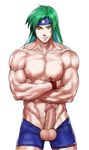  1boy abs bara briefs briefs_pull crossed_arms golden_sun green_hair hydaria male_focus muscle nude pecs penis picard_(golden_sun) simple_background solo testicles underwear white_background yellow_eyes 