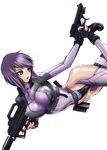  aegis_(nerocc) belt bouncing_breasts breasts covered_navel covered_nipples dual_wielding ghost_in_the_shell ghost_in_the_shell_stand_alone_complex gloves gun handgun holding holding_gun holding_weapon jumping kusanagi_motoko large_breasts leotard looking_back open_mouth pistol purple_hair red_eyes rifle short_hair solo suppressor thighhighs trigger_discipline weapon white_background 