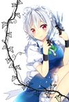  apron atm_(artist) blue_dress braid dress hair_ribbon highres holding holding_knife izayoi_sakuya knife knives_between_fingers looking_at_viewer maid maid_headdress puffy_short_sleeves puffy_sleeves ribbon shirt short_sleeves silver_hair smile solo touhou tress_ribbon twin_braids waist_apron white_shirt 