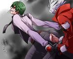  2boys anal black_gloves blazblue character_request clothed_sex drooling gloves green_hair hazama kaneaki_mukku male_focus multiple_boys penis ragna_the_bloodedge saliva sex silver_hair tongue_out torn_clothes yaoi 
