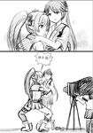  anchor_symbol anger_vein bellows_camera camera comic greyscale hand_on_another's_head height_difference houshou_(kantai_collection) kantai_collection monochrome multiple_girls open_mouth ponytail smile squatting stool tears translated watermark web_address y.ssanoha yamato_(kantai_collection) 