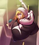  blue_eyes blush fat gwen_stacy hood hoodie looking_back marvel obese spider-gwen thick_thighs trinity-fate62 