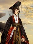  2010 axis_powers_hetalia brown_eyes brown_hair chin_strap china_(hetalia) chinese_clothes crown dated from_below hanfu hat kenin male_focus mian_guan signature sky solo 