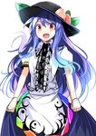  :d blue_hair e.o. food fruit happy hat hinanawi_tenshi long_hair looking_at_viewer open_mouth peach red_eyes sketch smile solo touhou white_background 