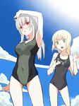  :o arm_up bangs bare_shoulders black_swimsuit blonde_hair blue_sky blush breast_envy breasts cloud collarbone covered_navel cowboy_shot d: day frown glasses green_eyes green_swimsuit heidimarie_w_schnaufer heinrike_prinzessin_zu_sayn-wittgenstein homare_(homaredai) large_breasts long_hair looking_at_another multiple_girls new_school_swimsuit noble_witches one-piece_swimsuit open_mouth print_swimsuit red_eyes school_swimsuit silver_hair sky swimsuit v-shaped_eyebrows wet world_witches_series 