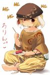  :t animal_ears barefoot blonde_hair bunny_ears dango eating flat_cap floppy_ears food hat highres indian_style mg_mg orange_shirt puffy_pants red_eyes ringo_(touhou) shirt short_hair sitting skewer solo stick touhou translated wagashi younger yudepii 