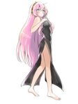  bare_arms barefoot black_dress blue_eyes breasts dress hand_on_own_chest headphones large_breasts long_hair looking_at_viewer megurine_luka pink_hair rosette_(roze-ko) side_slit sleeveless sleeveless_dress solo standing very_long_hair vocaloid 