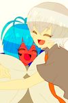  1boy 1girl alien blue_hair blush eyes_closed gatchaman gatchaman_crowds grey_hair happy misudachi_tsubasa orange_skin short_hair smile 