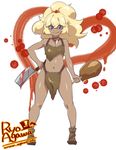  agawa_ryou bare_hips bare_shoulders blonde_hair blue_eyes boned_meat caveman cleaver dark_skin food knife long_hair meat midriff navel pelvic_curtain ponytail solo tongue tongue_out tooth_necklace 