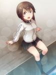  arm_support black_legwear bloom blurry bokeh brown_hair depth_of_field dutch_angle hayasui_(kantai_collection) jacket kantai_collection kneehighs open_mouth pleated_skirt purple_eyes shoes short_hair sitting skirt solo tamago_(yotsumi_works) track_jacket 
