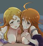  2girls ahoge bad_id bad_pixiv_id black_hair blonde_hair blue_eyes blush breasts brown_hair censored ffm_threesome grin group_sex idolmaster idolmaster_million_live! inverted_nipples long_hair male_pubic_hair medium_breasts multiple_girls multiple_paizuri nipples off_shoulder open_mouth paizuri penis pov pubic_hair shinomiya_karen smile threesome tokoro_megumi upanishi 