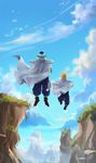  bird blonde_hair blue_sky cape cloud dated day dragon_ball dragon_ball_z from_behind grass green_skin hat male_focus midair mountain multiple_boys outdoors piccolo pointy_ears shoulder_pads signature sky son_gohan sun_stark super_saiyan 