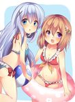  bad_id bad_pixiv_id bikini blue_eyes brown_hair gochuumon_wa_usagi_desu_ka? hair_ornament hairclip highres hoto_cocoa innertube kafuu_chino long_hair mkj49 multiple_girls open_mouth purple_eyes short_hair swimsuit tippy_(gochiusa) x_hair_ornament 