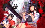  akagi_(kantai_collection) anchor_symbol autumn_leaves bangs black_eyes black_hair blunt_bangs blush bowl bridge chopsticks cliff closed_eyes crate dutch_angle eating fan food_in_mouth fubuki_(kantai_collection) hands_together hanging_bridge highres japanese_clothes kantai_collection kitakami_(kantai_collection) kneehighs leaf light_rays long_hair misumi_(niku-kyu) multiple_girls muneate ooi_(kantai_collection) open_mouth outdoors paper_fan pleated_skirt rope_bridge scenery school_uniform serafuku short_sleeves sidelocks sitting skirt sunbeam sunlight uchiwa walking water waterfall 