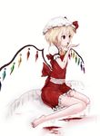  ascot bad_id bad_pixiv_id barefoot blonde_hair blood commentary dyolf flandre_scarlet hat licking mob_cap puffy_short_sleeves puffy_sleeves red_eyes shirt short_sleeves sitting skirt skirt_set solo tongue tongue_out touhou vest wariza wings 