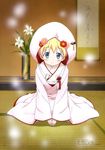  absurdres alice_cartelet blonde_hair blue_eyes blush highres hood japanese_clothes kimono kin-iro_mosaic scroll solo uchikake yamamoto_shinji 