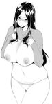  absurdres alternate_hairstyle blush breasts clothes_lift glasses greyscale hair_down hakai_shin highres kantai_collection kirishima_(kantai_collection) large_breasts lips long_hair monochrome navel nipples panties solo sweater sweater_lift underwear 