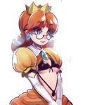  1girl bikini blue_eyes breasts brown_hair crown dress elbow_gloves glasses gloves mario_(series) nintendo princess_daisy puffy_sleeves shirt_lift sho-n-d smile super_mario_bros. super_mario_land swimsuit upper_body 