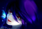  black_sclera bug butterfly eyelashes face glasses glowing_butterfly hair_between_eyes hair_in_mouth highres insect kamishiro_rize long_hair looking_at_viewer parted_lips purple_hair red_eyes red_lips smile solo tokyo_ghoul xiao_ren 