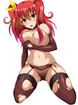  blush breasts brown_eyes covering covering_breasts elbow_gloves gloves hair_ribbon highres large_breasts long_hair rakudai_kishi_no_cavalry red_hair ribbon simple_background solo stella_vermillion suzumori_kuroku thighhighs torn_clothes torn_legwear twintails white_background 