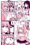  6+girls bangs blush_stickers closed_eyes comic commentary_request eighth_note hiyou_(kantai_collection) hug hug_from_behind jun'you_(kantai_collection) kantai_collection looking_up monochrome multiple_girls musical_note open_mouth ryuujou_(kantai_collection) spoken_exclamation_mark tokitsukaze_(kantai_collection) translated unamused unryuu_(kantai_collection) yukikaze_(kantai_collection) yukinojou_yakan 