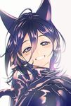  animal_ears blush cat_ears cat_tail chromatic_aberration crescent crescent_earrings earrings face gloves grin hair_between_eyes head_tilt interlocked_fingers jewelry kaze-hime looking_at_viewer original purple_eyes purple_hair short_hair simple_background smile solo tail white_background 