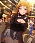  artist_request breasts brown_eyes brown_hair cleavage earrings idolmaster idolmaster_million_live! jewelry licking_lips long_hair medium_breasts momose_rio multiple_girls official_art one_eye_closed pantyhose side_ponytail smile tongue tongue_out yokoyama_nao 