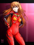  bangs blue_eyes bodysuit bracer breasts contrapposto cowboy_shot gloves gradient gradient_background grin hair_between_eyes hair_ornament hands_on_hips highres hitomori letterboxed long_hair looking_at_viewer neon_genesis_evangelion number orange_hair parted_lips pilot_suit plugsuit purple_background shadow signature small_breasts smile smug solo souryuu_asuka_langley standing turtleneck 