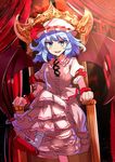  :d bat_wings blue_eyes blue_hair bow commentary crossed_legs doyagao e.o. hat hat_bow mob_cap open_mouth red_footwear remilia_scarlet shoes sitting sketch smile solo throne touhou tsurime v-shaped_eyebrows wings 