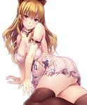  armlet ass bangs bare_shoulders black_bow black_legwear blonde_hair blush bow breasts cleavage collarbone covered_nipples detached_collar dress granblue_fantasy hair_between_eyes hair_bow lace lace-trimmed_dress large_breasts long_hair looking_at_viewer lying matsukawa_(pale_scarlet) on_side pink_eyes short_dress simple_background smile solo thighhighs vira_lilie white_background white_dress 