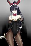  alice360 animal_ears bangs bare_shoulders black_eyes black_hair blunt_bangs bow breasts bunny_ears bunnysuit cleavage contrapposto cowboy_shot detached_collar fishnets hair_bow hand_on_hip highres long_hair looking_at_viewer maid_headdress medium_breasts mole mole_under_eye narberal_gamma overlord_(maruyama) pantyhose ponytail solo standing sword weapon wrist_cuffs 