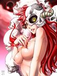  blood breasts cutting deep_skin demon_girl fang fingernails highres hitomori horns large_breasts long_fingernails long_hair looking_at_viewer moon nude original parted_lips red_hair red_moon skull solo upper_body yellow_eyes 