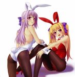  :d animal_ears arched_back ass back-seamed_legwear bare_shoulders black_legwear blonde_hair blush bow bowtie breasts bunny_ears bunny_girl bunny_tail bunnysuit detached_collar fake_animal_ears hair_bow hairband half_updo high_heels highres kannatsuki_noboru leaning_forward leotard looking_at_viewer medium_breasts multiple_girls open_mouth pantyhose parted_lips purple_eyes purple_hair red_leotard scan seamed_legwear shinkyoku_soukai_polyphonica siblings side-tie_leotard sideboob sisters sitting smile tail trefoil twintails white_leotard wrist_cuffs yugiri_perserte yugiri_princesca 