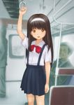  1girl 2boys amber_eyes black_hair game_cg hairband indoors kobayashi_yuji long_hair looking_at_viewer multiple_boys ribbon school_uniform smile standing train train_interior 