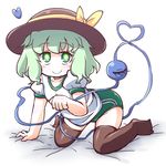  black_legwear blouse blush buruma eyeball green_eyes green_hair hat hat_ribbon heart heart_of_string jinnouchi_akira komeiji_koishi ribbon short_hair silver_hair smile solo thighhighs third_eye touhou 