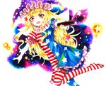  american_flag_dress american_flag_legwear bad_id bad_pixiv_id blonde_hair blush clownpiece dress fairy_wings frilled_shirt frills hat highres jester_cap leg_up long_hair looking_at_viewer open_mouth outstretched_arms pantyhose purple_eyes shinonome_myoke shirt short_dress short_sleeves smile solo star striped striped_dress striped_legwear torch touhou very_long_hair white_background wings 