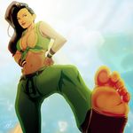  1girl ankle_wraps asymmetrical_hair belt black_hair brazilian breasts capcom cleavage cornrows feet front-tie_top hands_on_hips laura_(street_fighter) laura_matsuda navel scamwich soles solo stomach street_fighter street_fighter_v sunlight toes vest wristband wristbands 