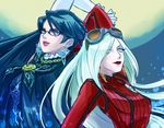  2girls bayonetta bayonetta_(character) bayonetta_2 earrings glasses goggles goggles_on_head jeanne_(bayonetta) jewelry lipstick long_hair makeup mole multiple_girls nasu nasu_(roda_de_estrela) pendant short_hair silver_hair 