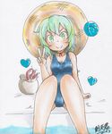  bag eyeball green_eyes green_hair hat heart heart_of_string highres komeiji_koishi octopus one-piece_swimsuit school_swimsuit short_hair sitting smile sokutenkun solo sun_hat swimsuit third_eye touhou traditional_media v water 