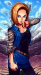  android_18 blonde_hair blue_eyes blue_sky breasts cleavage clenched_hands cloud collarbone day dragon_ball dragon_ball_z highres looking_back making_of medium_breasts pantyhose pencil_skirt ryu_shou short_hair skirt sky smoke solo striped torn_clothes vest 