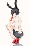  animal_ears ass bangs black_hair blush breasts brown_eyes bunny_ears bunny_tail carrot fake_animal_ears fake_tail from_behind full_body ganida_boushoku hairband high_heels large_breasts looking_at_viewer looking_back original parted_lips red_footwear reflection shoes short_hair short_shorts shorts sideboob simple_background solo tail topless white_background 