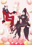  2girls aontsu bayonetta bayonetta_(character) bodysuit breasts cleavage feather food glasses glasses_on_head jeanne_(bayonetta) legs_crossed lipstick looking_at_viewer makeup mole multiple_girls pendant ribbon short_hair silver_hair sitting 